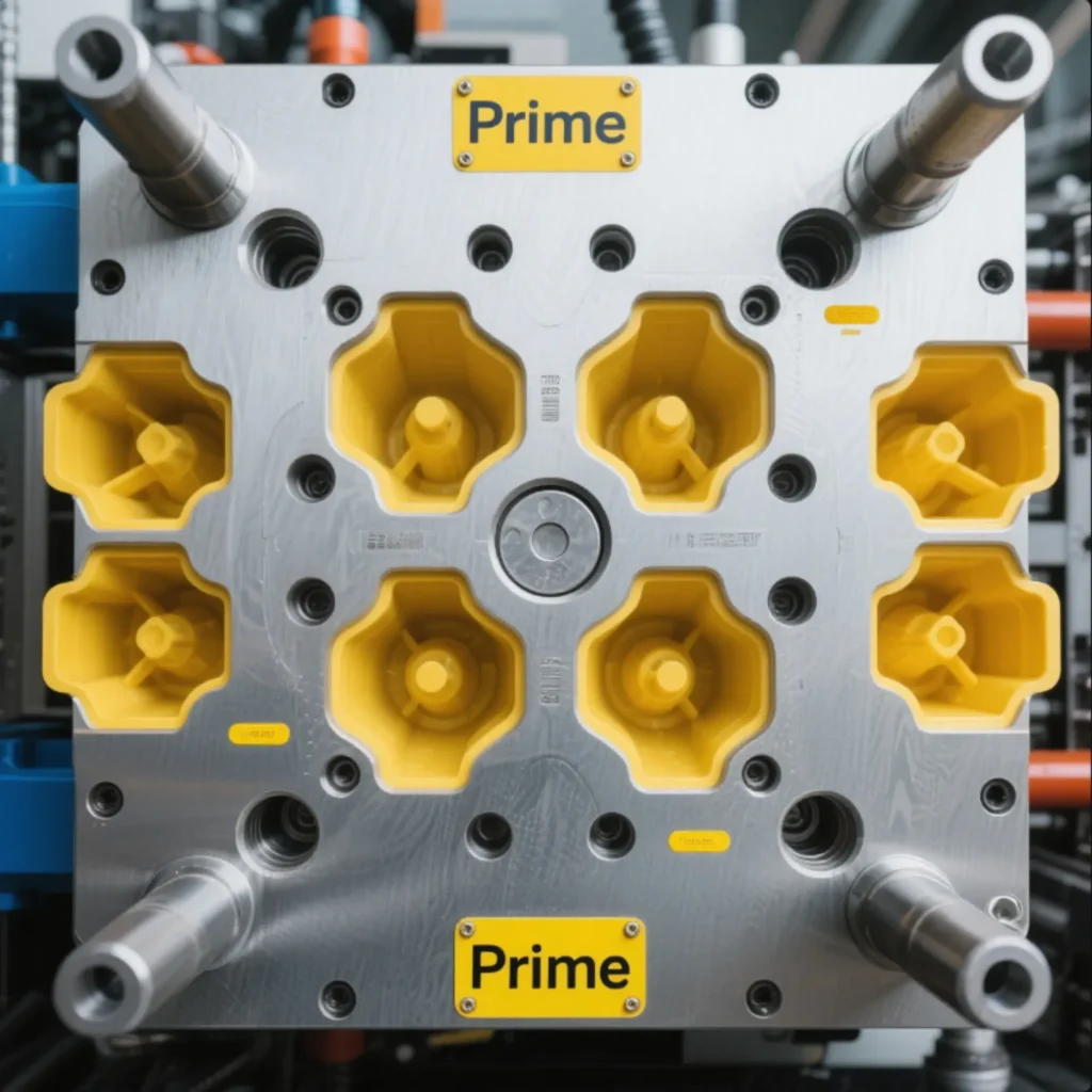 Injection mold with Prime branding, showcasing a high-precision plastic mold with yellow inserts for efficient production.