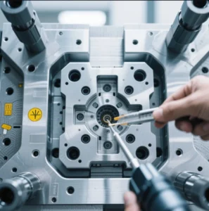 Close-up of a technician applying lubricant to an injection mold, showcasing the precision and care in maintaining high-quality mold components.