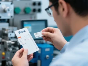 Prime branded inspection cards held by a technician in a manufacturing setting, with a machine background showcasing quality control.