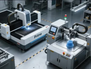 Prime branded laser cutting and 3D printing machines in a manufacturing facility, showing precision machinery and parts being processed.