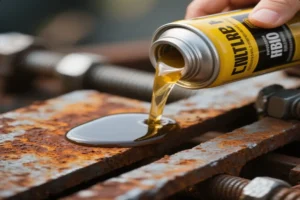 Close-up of lubricant being poured onto a rusted metal surface, showcasing the application of anti-corrosion treatment for mechanical maintenance.