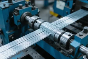 Close-up of a metal wire being processed by a machine, highlighting the precision winding of the wire on industrial equipment.