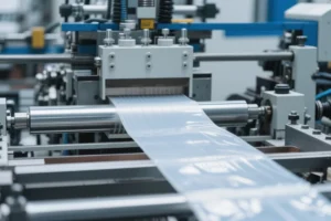 Plastic film extrusion machine producing a clear sheet, showing industrial plastic processing and roll-to-roll manufacturing for packaging materials.