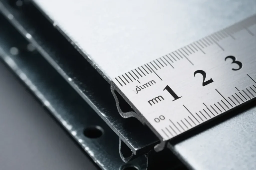 Sheet metal thickness measurement using a steel ruler on stacked galvanized profiles, showing clean edges for fabrication.