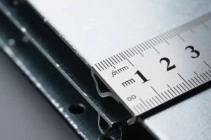 Sheet metal thickness measurement using a steel ruler on stacked galvanized profiles, showing clean edges for fabrication.