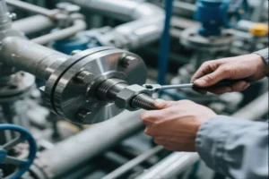 Close-up view of a technician tightening a steel flange using a wrench, highlighting high-precision industrial components in a factory setting.