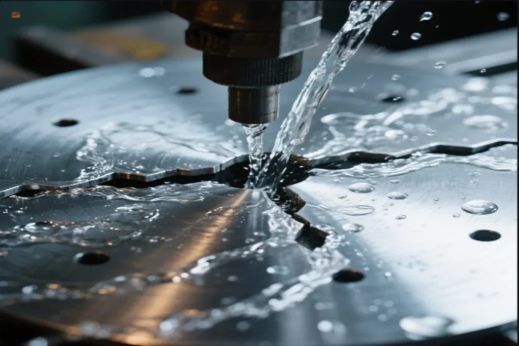 Close-up of water spray cooling CNC machining process, showing precise metal cutting with coolant for high-quality surface finishing.
