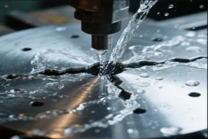 Close-up of water spray cooling CNC machining process, showing precise metal cutting with coolant for high-quality surface finishing.