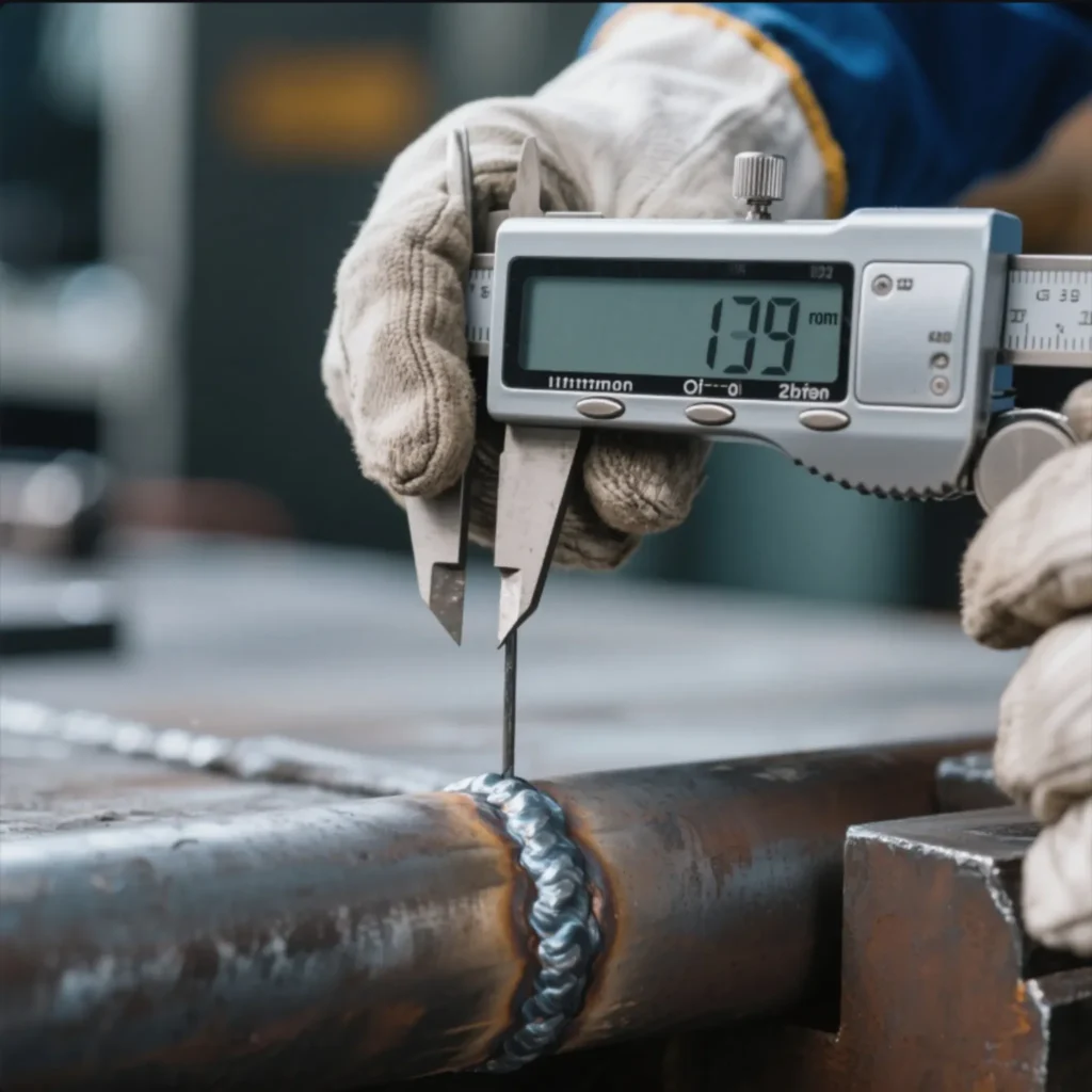 Close-up of a worker using digital calipers to measure a welded steel joint, with a precise reading displayed on the digital screen.