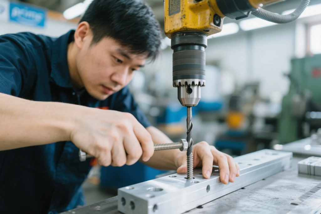 Drilling and Tapping into Aluminum Block