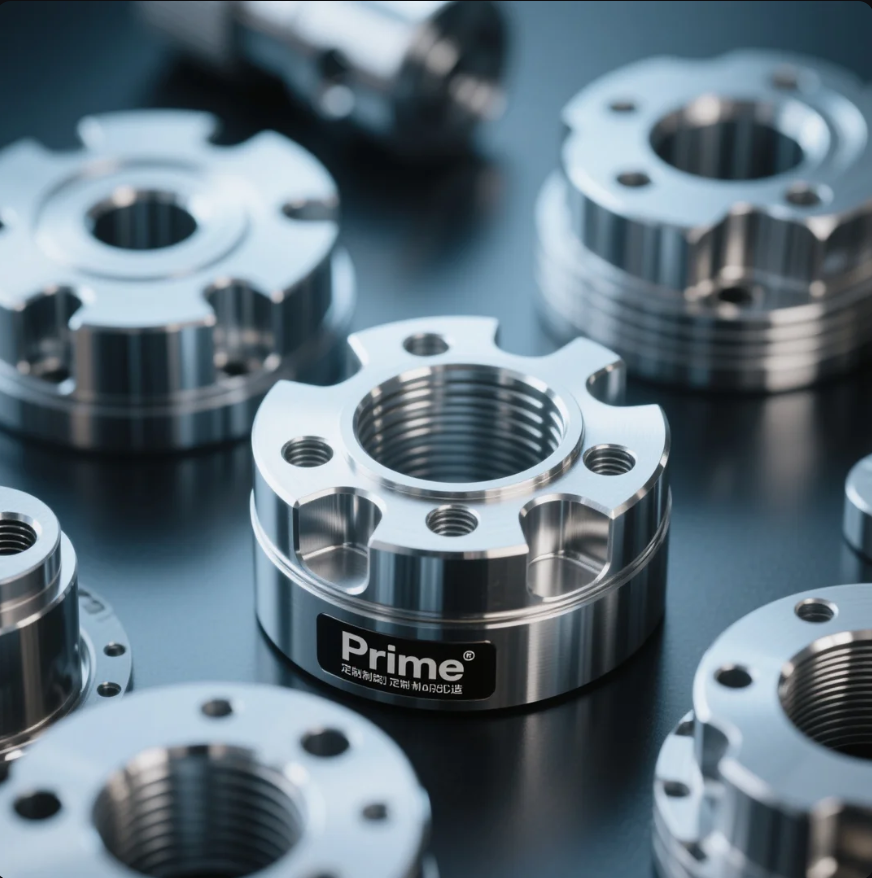 This image showcases several high-precision CNC-machined metal flanges with multiple threaded holes and smooth finishes. The central flange is labeled "Prime," highlighting the brand's expertise in producing custom metal components. The parts are neatly arranged on a clean surface, emphasizing manufacturing quality, attention to detail, and suitability for industrial or mechanical assembly applications.