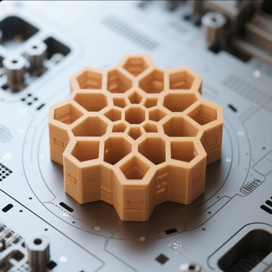 This image shows a tan-colored, 3D-printed plastic component with a complex geometric honeycomb or snowflake pattern. The part is resting on a detailed metallic platform, likely within a manufacturing or prototyping environment. The intricate internal structure demonstrates advanced additive manufacturing techniques and highlights the capability for producing custom, functional plastic parts with precise engineering and unique designs.