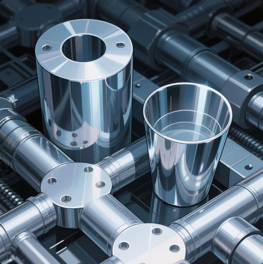 This image features two highly polished metal parts, one with a wide cylindrical shape and another resembling a deep cup, positioned among a complex network of precisely machined steel rods and flanges. The parts have a reflective, mirror-like surface finish, highlighting their quality and precision. The background shows an array of interconnected metal pieces, emphasizing industrial manufacturing and the high standards typical of custom machined or CNC components.