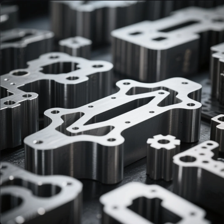 This image displays a collection of precision-machined metal parts featuring intricate cutouts, smooth edges, and multiple drilled holes. The components vary in size and design, highlighting advanced CNC machining capabilities and high-quality finishing. The scene emphasizes the production of custom metal parts for industrial or mechanical applications, showcasing attention to detail and engineering excellence.