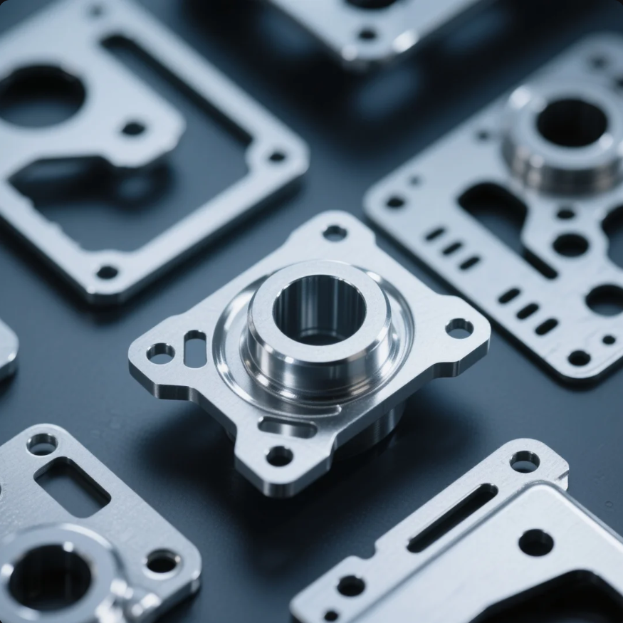 The image features an assortment of precision-machined metal components, each with intricate shapes, holes, and cutouts, displayed on a dark background. These parts, likely produced through CNC machining, demonstrate high dimensional accuracy and smooth surface finishes, ideal for use in advanced engineering applications such as electronics housings, automotive assemblies, or industrial machinery. The uniformity and quality of the metal parts showcase advanced manufacturing capabilities.