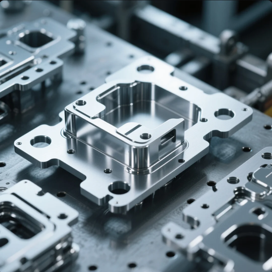 This image shows a highly detailed, precision-machined metal part featuring a square cavity, multiple holes for mounting, and clean, sharp edges. The component is arranged with other similar metal pieces on a flat metallic surface, highlighting the advanced manufacturing processes used, such as CNC machining. The polished finish and intricate geometry suggest the part is designed for high-precision applications, such as electronics enclosures, mechanical assemblies, or custom industrial equipment.