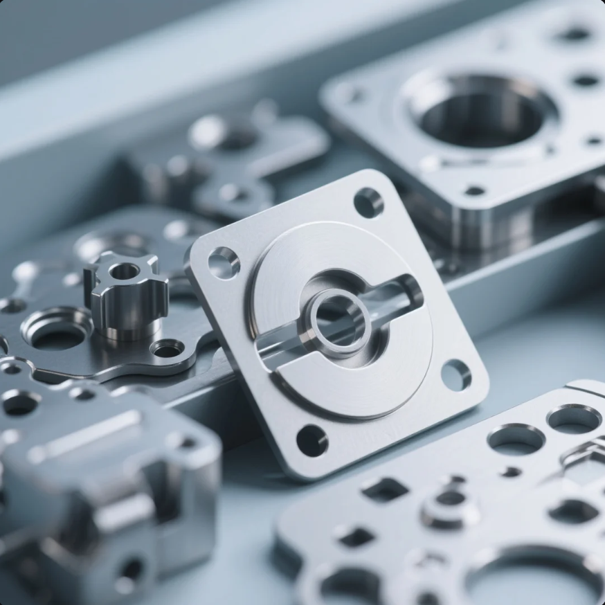 This photo showcases a collection of CNC-machined metal plates, each featuring a combination of drilled holes, precise slots, and circular recesses. The component in the foreground is square with a central circular groove and four corner holes, suggesting it is designed for mounting or alignment in mechanical assemblies. The parts' shiny, polished finish highlights the high level of precision and quality control in their manufacturing, making them suitable for use in industrial machinery, automation systems, or custom equipment.