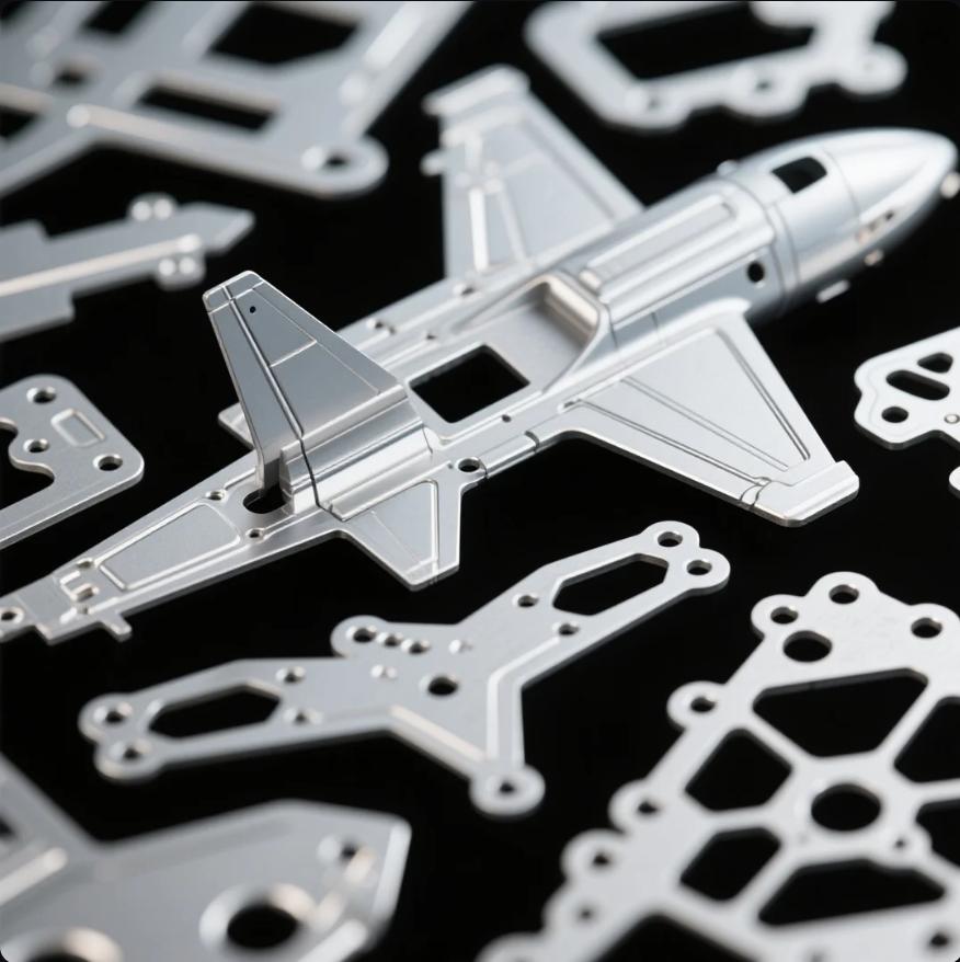 This image features a collection of thin, precisely machined metal parts, with one prominently shaped like an airplane among other geometric and technical components. The shiny, clean finish of each part highlights advanced manufacturing processes such as CNC machining or metal stamping, commonly used for creating intricate pieces for aerospace, electronics, or engineering applications. The black background emphasizes the details and craftsmanship of the metallic components.