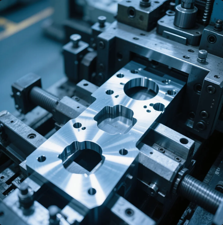 This image shows a shiny, precisely milled metal plate fixed on a CNC machining center. The plate features several geometric cut-outs and smooth edges, illustrating advanced metalworking and engineering accuracy. The surrounding machine components and fixtures highlight the industrial environment, emphasizing high-precision manufacturing processes for custom metal parts.