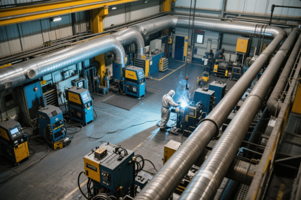 A modern industrial workshop where a technician in protective gear is welding a component using advanced machinery. The spacious facility features multiple high-performance yellow-and-blue welding stations branded "Prime," surrounded by extensive stainless-steel ventilation ducts and overhead cranes, showcasing a clean, organized, and automated manufacturing environment.