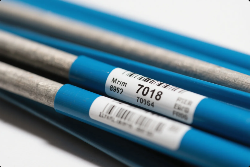 A detailed close-up photograph of several blue-coated welding electrodes arranged side by side. The rods are clearly labeled with "7018," a common designation for low-hydrogen welding rods used for structural steel applications. The image highlights the product code, barcodes, and printed manufacturing information, emphasizing precision labeling and product identification in industrial welding supplies.