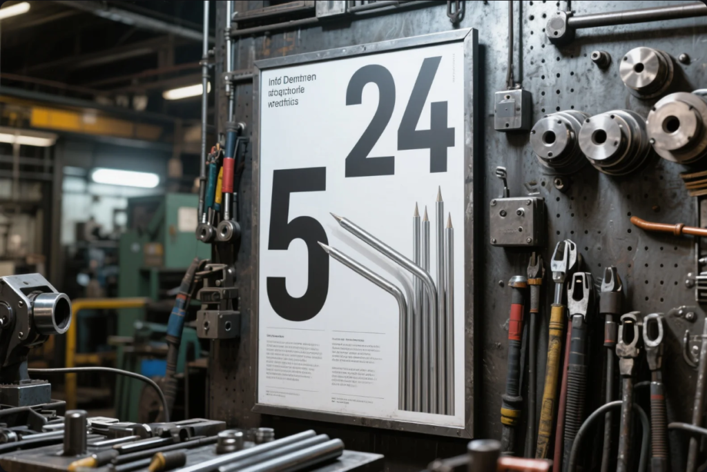 A detailed view of a well-organized industrial workshop wall, displaying a large framed poster featuring oversized numbers "5", "24", and an illustration of five metal rods, some bent and sharpened. The surrounding area includes a variety of tools such as pliers, wrenches, sockets, and precision machining parts arranged on a perforated metal board. The background reveals a spacious factory environment with machinery and overhead lighting, reflecting a professional and structured manufacturing setting.