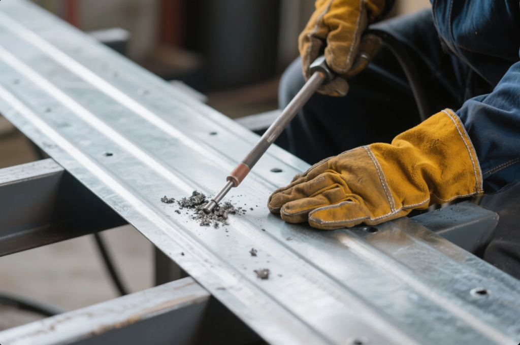 A close-up image showing a worker in heavy-duty yellow and brown welding gloves using a chipping hammer to clean slag from a freshly welded galvanized steel beam. The process occurs on a metal workstation, highlighting the post-welding finishing step essential for achieving a smooth, clean joint in metal fabrication. The detailed view emphasizes precision, craftsmanship, and safe working practices in an industrial setting.