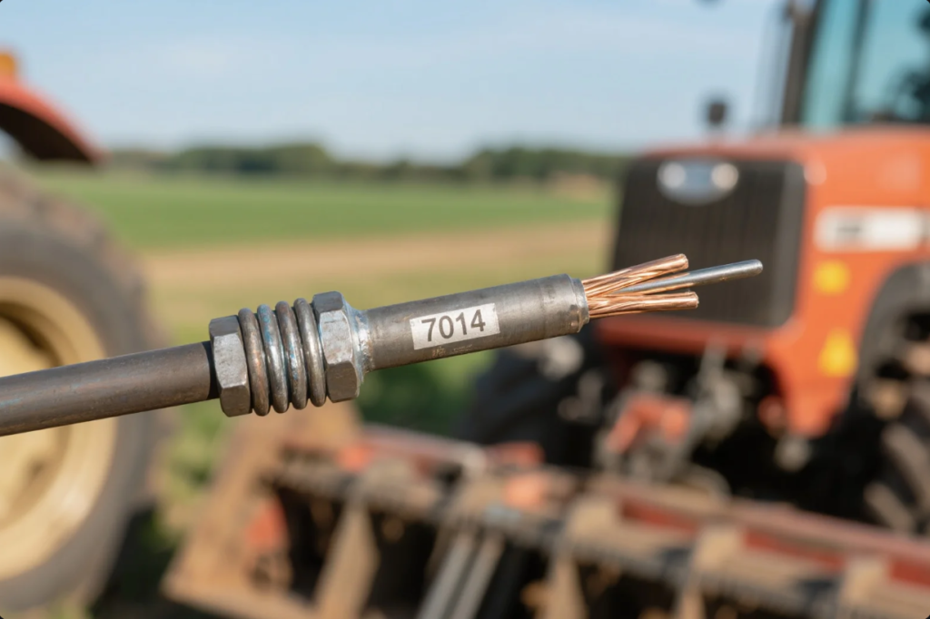 This close-up image highlights the end of a welding cable marked with the classification "7014," typically used for general-purpose welding. The metallic connector reveals several neatly bundled copper wire strands, suggesting an industrial or field repair context. In the background, a red tractor and green farmland are softly out of focus, indicating an agricultural setting where portable welding equipment might be used for maintenance or fabrication tasks on site.