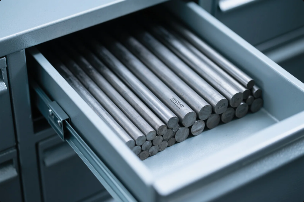 A close-up view of a partially opened drawer in a blue metal storage cabinet, showcasing a well-organized collection of cylindrical metal rods. Each rod is uniformly sized and stamped with identification codes, suggesting material type or batch numbers. The image reflects a clean, controlled manufacturing or machining environment where precise raw materials are stored for CNC or fabrication processes.