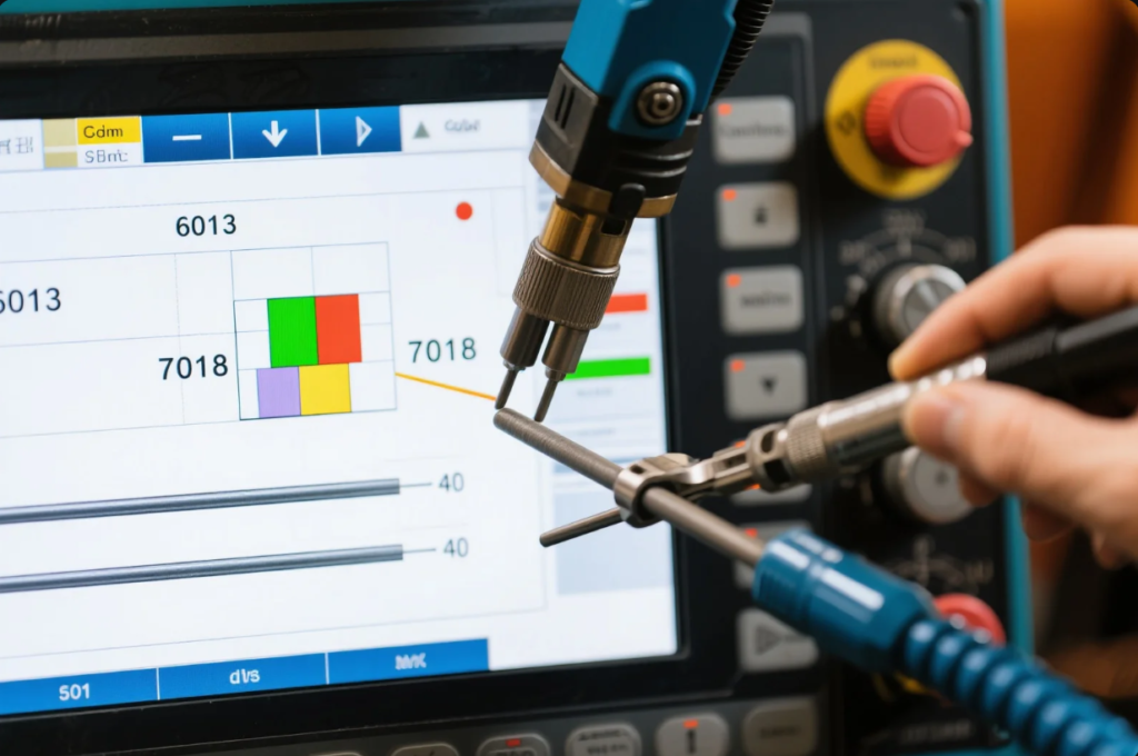 A detailed close-up of a high-tech welding workstation showing a robotic inspection arm examining a welding rod labeled "7018." The background features a touchscreen display with charts and control options, highlighting real-time data analysis and classification between welding rods (such as 6013 and 7018). The interface presents multicolored bar graphs and measurement scales, indicating precision quality control in an advanced automated welding environment.