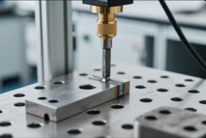 Inspection probe measuring a weld seam on a machined metal block placed on a fixture table for quality control.