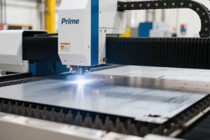 CNC laser cutting machine processing a flat sheet metal panel on a cutting bed, producing precision profiles for OEM sheet metal fabrication.