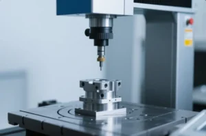 CNC machine tool setup with high-precision cutting tool and workpiece, ready for machining in a modern workshop.