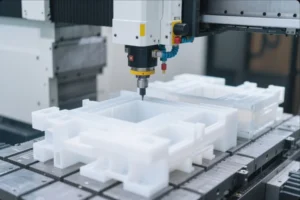 CNC milling machine machining translucent plastic prototype housings on a fixture table for OEM custom plastic parts production.
