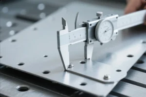 Dial caliper measuring a precision sheet metal plate to verify hole spacing and tolerance during OEM fabrication inspection.