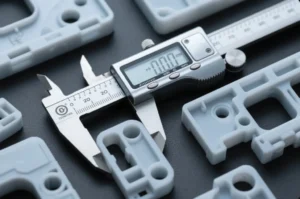 Digital caliper measuring critical dimensions on custom plastic components for OEM manufacturing tolerance and quality inspection.
