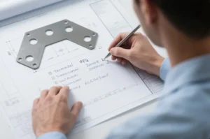 Engineer reviewing an RFQ on a technical drawing with a metal bracket sample, highlighting dimensions, requirements, and procurement notes for OEM parts.