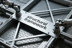 Industrial structural framework fixture with metal rails and robotic joints holding a plate labeled “structural framework” in an automated assembly setup.