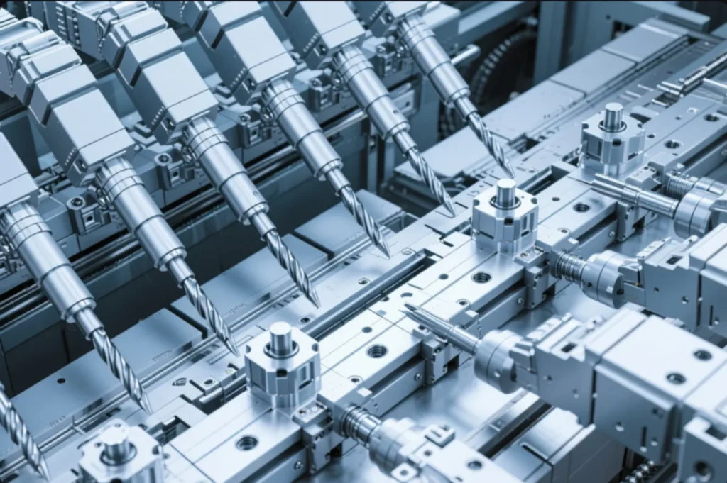 Multi-spindle CNC drilling and milling machine with synchronized cutting tools on an automated metal parts production line.