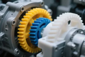 Precision plastic gear train assembly with injection-molded nylon gears in a metal gearbox housing for OEM mechanical transmission.
