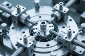 Precision CNC machining clamping fixture with multiple tooling and workpiece positioning for automated metal parts production.