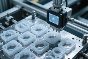 AI vision inspection sensor checking custom plastic molded parts on a precision fixture plate in an automated manufacturing cell.