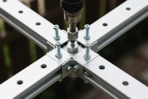 Aluminum extrusion corner bracket assembly with stainless steel screws and a driver tightening a central fastener for modular industrial framing.