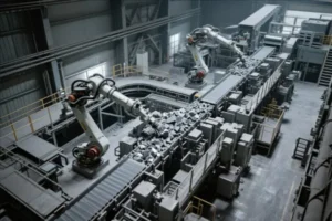 Automated metal parts production line with industrial robots handling components on conveyors in a smart factory for OEM manufacturing.