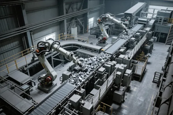 Automated metal parts production line with industrial robots handling components on conveyors in a smart factory for OEM manufacturing.