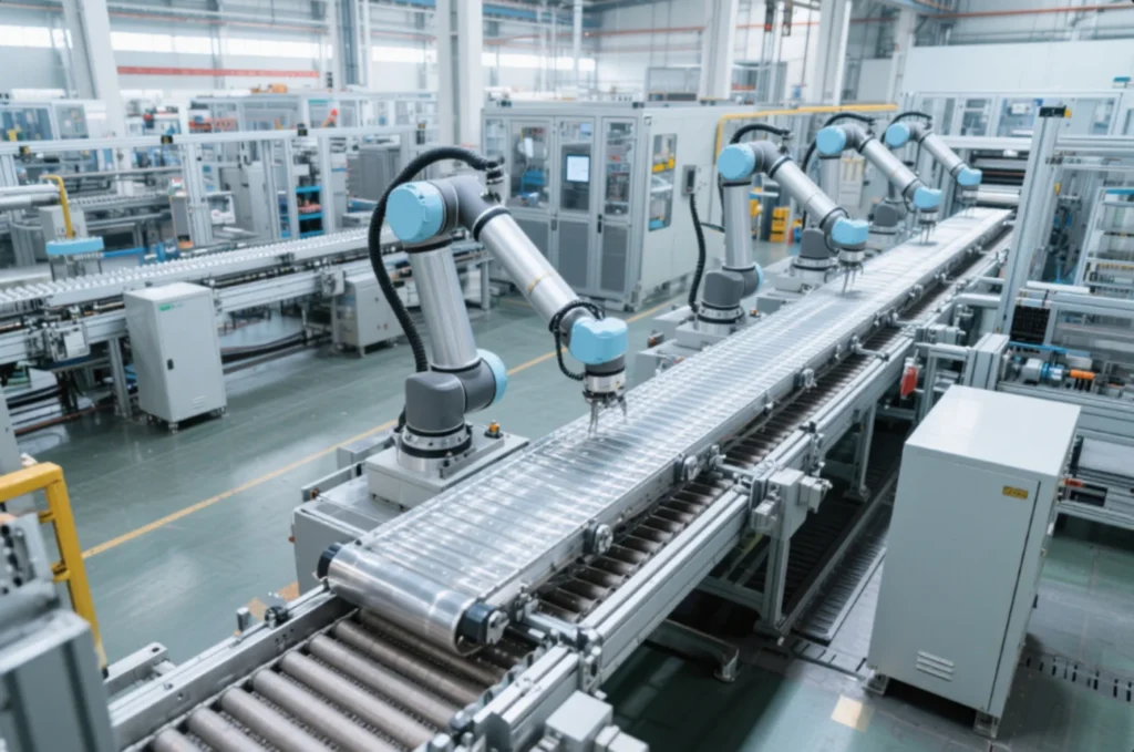 Robotic arms working over a conveyor on an automated manufacturing production line, supporting high-volume OEM parts assembly.