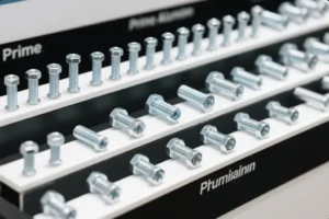 Assorted hex head bolts and fasteners displayed in a sample board for industrial hardware selection and quality comparison.