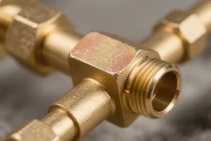 Precision machined brass threaded T-fitting connector with clean male threads and hex body for OEM pneumatic or hydraulic assemblies.