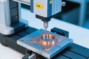 CMM probe inspecting a CNC-machined copper flange plate on a precision measurement fixture for dimensional quality control.