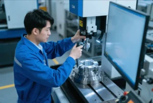 CMM operator measuring a precision-machined metal component for OEM quality control.